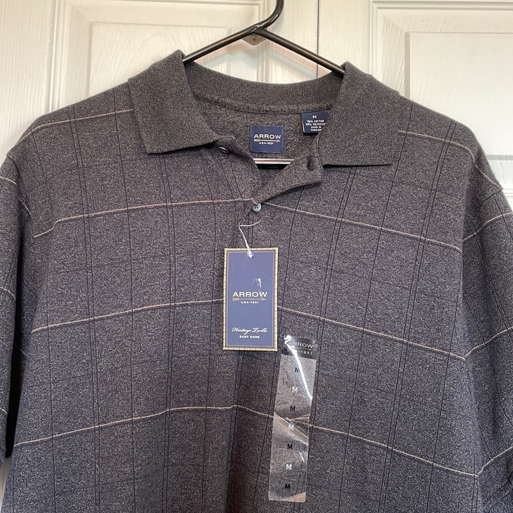 NWT Arrow Men's Sz M Blackish gray Polo Shirt large tan/black lines/grid pattern